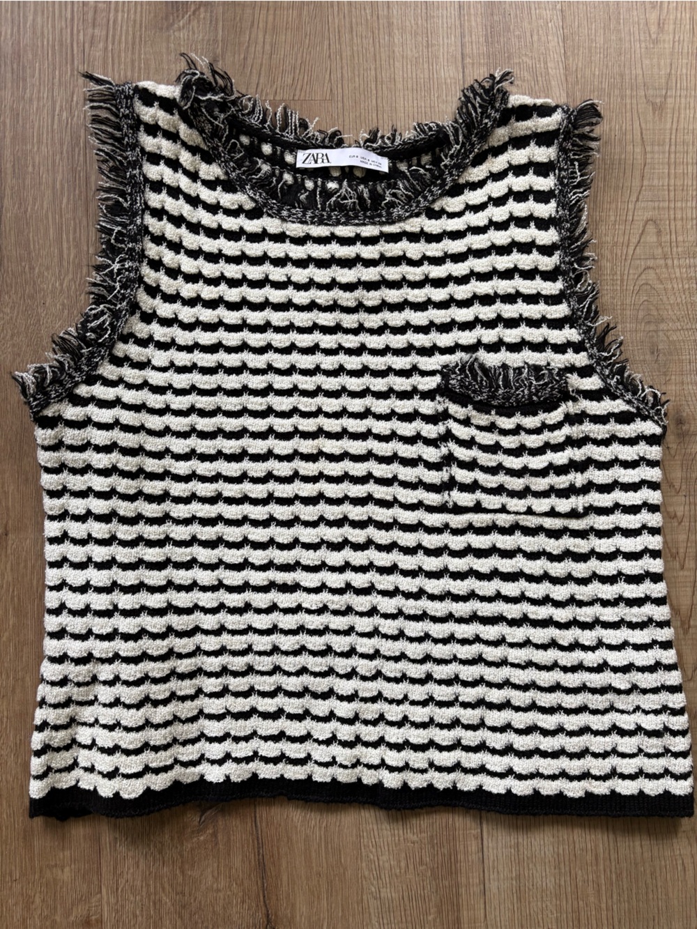 Zara Black and White Striped Knit Tank with Fringe Trim Sz Small